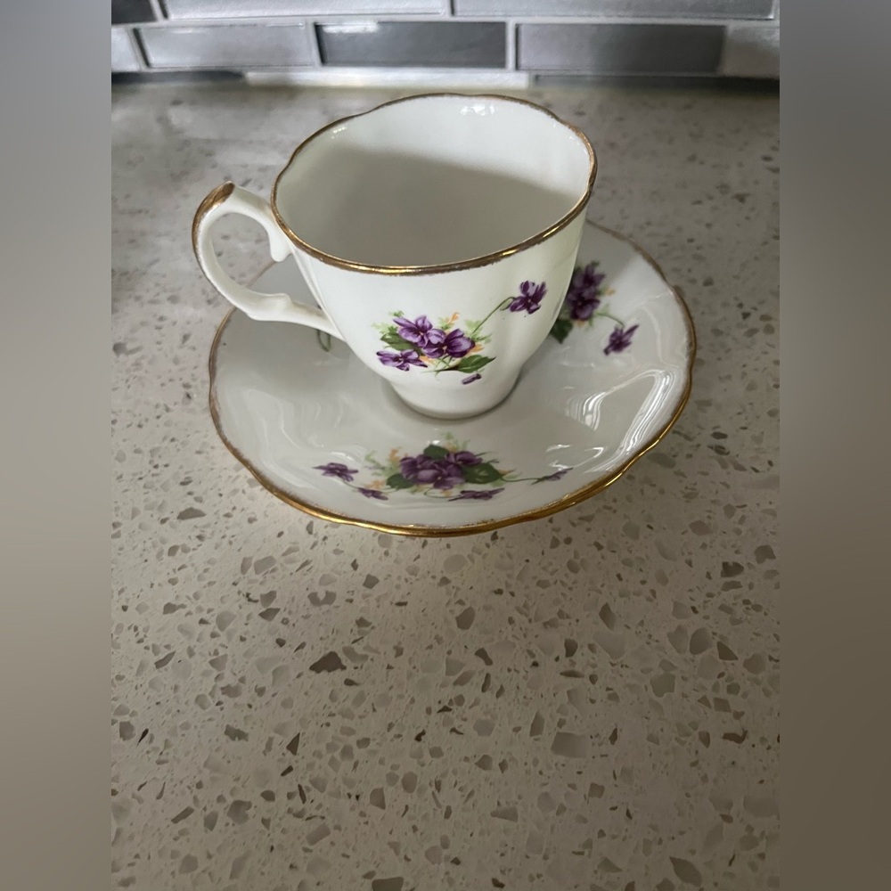 Gold Trim Porcelain Teacup & Saucer with Purple Floral Design